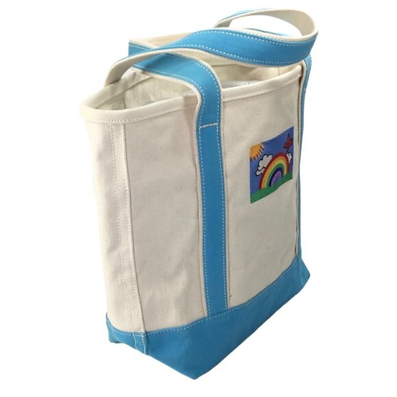Lands End Canvas Tote NWT Embroidered Rainbow Open Top Natural Turquoise Medium - Picture 7 of 10